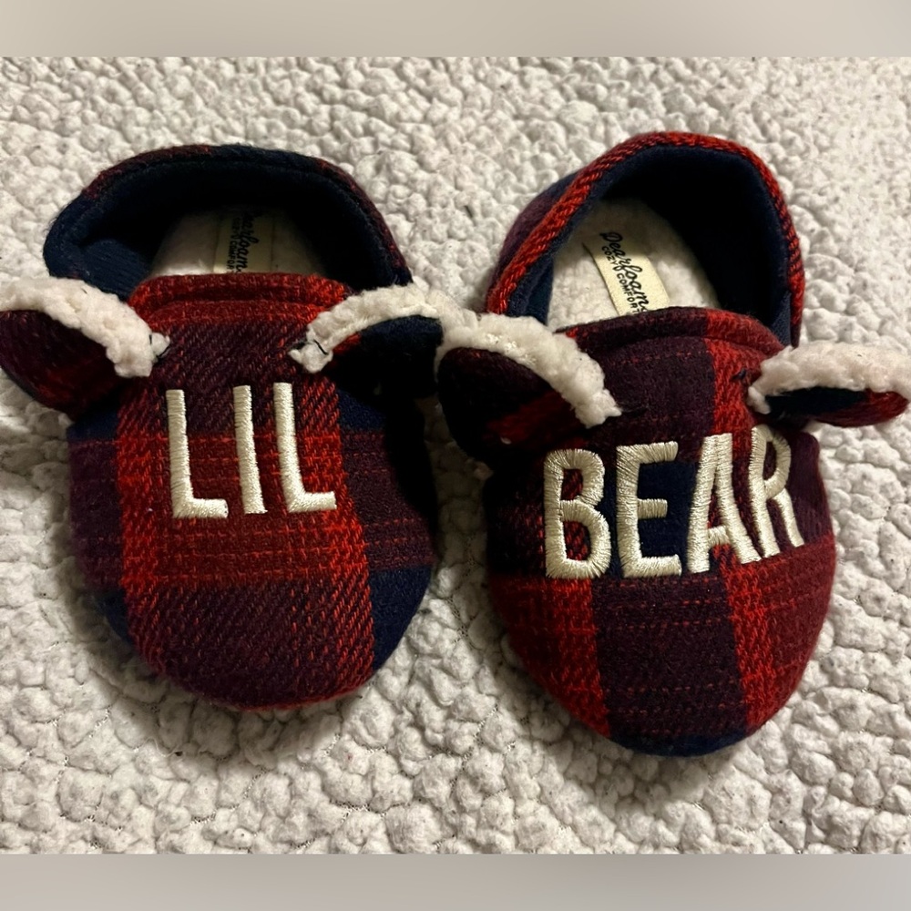Dearfoams Lil Bear Red and Black Plaid Slippers
